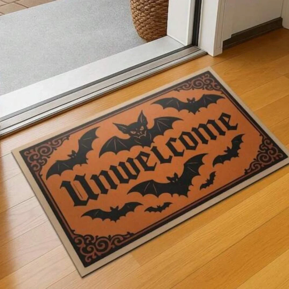 Halloween 'Unwelcome' Bat Doormat - Orange and Black